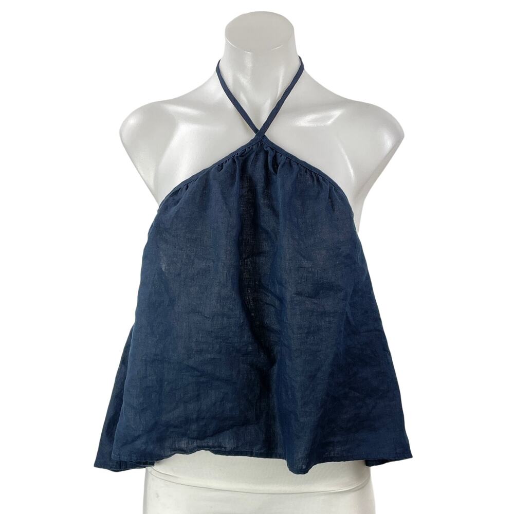 Aritzia Little Moon 100% Linen Navy Blue Sleeveless Denim Tie Halter Top Size M